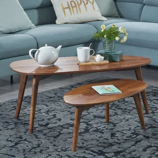 FineBuy Couchtisch Set 2er nierenförmig Mango Massivholz Natur · Beistelltisch Wohnzimmertisch Retro Design · Satztische mit Holzgestell - Braun