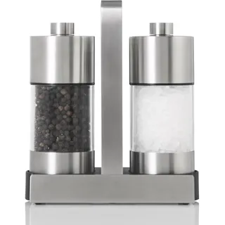 AdHoc Set Salzmühle und Pfeffermühle Menage Servir für Privathaushalte oder Gastronomie | Ständer inklusive, Edelstahl | Acryl