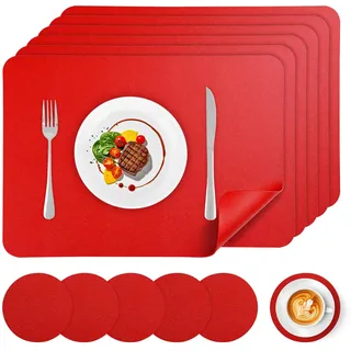 APLKER Tischset Leder 6er Set - Kunstleder Platzset Abwaschbar, Hitzebeständig Doppelseitigen Wasserdicht Platzdeckchen Lederoptik mit Tischuntersetzer, 16.9 x 11.8 Zoll/43 * 30CM, Rot