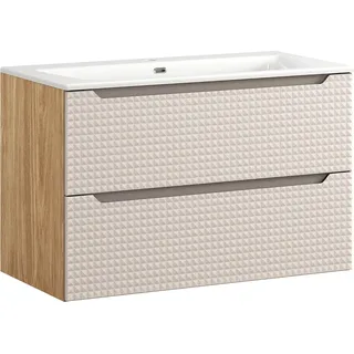 Waschtisch 90 cm in Eiche mit beige, LONDON-56-BEIGE, mit Waschbecken - Beige