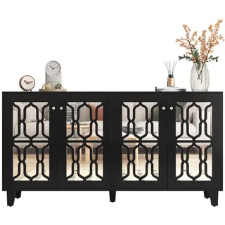 Flieks Sideboard 160cm Schwarz Spiegel 4 Türen Kristallgriffe modern , Holzwerkstoff , 40x84x160 cm , Kleinmöbel, Kommoden, Sideboards