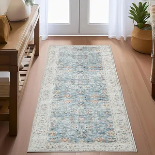 TOPICK Läufer 60x210cm Blau Teppich Waschbar Superdünne Vintage Blumen Perserteppich Kurzflor für Küche Schlafzimmer Wohnzimmer Floral Teppichläufer Antirutschunterlage Faltbar