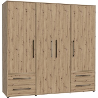 Forte Jupiter Schrank 200 210, Kleiderschrank, Drehtürenschrank, 4-türig, mit 4 Schubladen und Einlegeböden, Holz Dekor: Artisan Eiche, 206 cm breit x 59 cm tief x 200 cm hoch