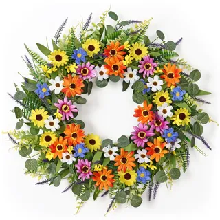 Dremisland Türkränze Frühling Kränze für Haustür Künstliche Blumen Kranz 55cm Groß Eukalyptus Türkranz Ganzjährig Daisy Blumenkranz Girlande Willkommen Kränze für Wand Hochzeit Türdekoration