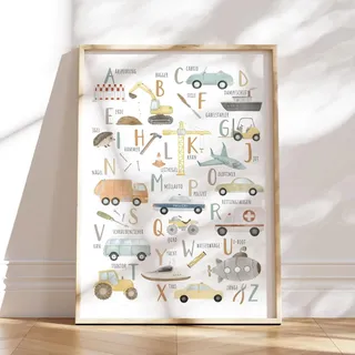 MeinBaby123® DIN A2 ABC Kinderzimmer Poster| Fahrzeuge Poster Alphabet Lernposter | Bilder Kinderzimmer für Jungen | Deko Bilder | Wandposter Premium (Fahrzeuge ABC)