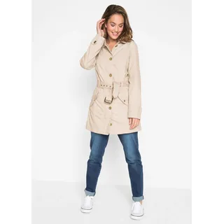 Trenchcoat BONPRIX, Damen, Gr. 48, beige (kieselbeige), Web, Obermaterial: 100% Baumwolle. Futter: 100% Polyester, gepflegt, unifarben, figurbetont ca. Mitte Oberschenkel, mit Riegel, Mäntel Trenchcoat, aus Baumwolle, mit langem Arm, figurbetonte Passform, mit Gürtel