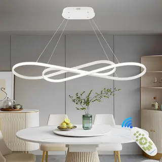 Qiaomao 57W Dimmbare LED Pendelleuchte, Doppelfigur 8 Design Hängeleuchte mit Fernbedienung, Pendellampe Hängend Höhenverstellbar, Hängelampe für Wohnzimmer, Esstisch, Esszimmer, Küche, Weiß