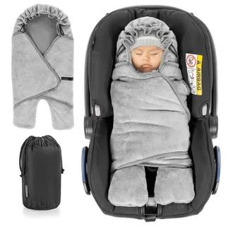 Zamboo Baby Einschlagdecke mit Füßen - Winter - gefütterte Babydecke (0 bis ca. 9 Monate) für Babyschalen/Autositze (passend für Maxi-Cosi, Cybex, Römer), mit Kapuze und Tasche - Grau