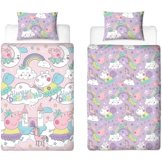 Peppa Pig Offizielles Bettwäsche-Set für Einzelbett, Bedtime-Design, wendbar, 2-seitig, rosa und lila, inkl. passendem Kissenbezug