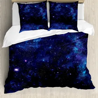 ABAKUHAUS Himmel Bettbezug Set, Abstrakte Astronomie-themenorientierte Nebelfleck-Illustration mit Stern-Wissenschaft spornte Universum an, 200 x 200 cm + 80 x 80 cm, Rosa Blau Schwarz