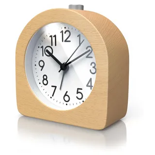 BEARWARE Wecker analog ohne Ticken – halbrund - Holz hell – Retro Design – beleuchtetes Ziffernblatt mit Licht – lautlos - Reisewecker - Weckton - Snoozetaste Schlummerfunktion – batteriebetrieben - Naturbelassen, Hellbraun