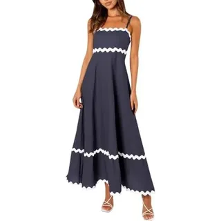 COALHO Spaghetti Strap Dresses for Women 2024 Summer Beach Color Block Smocked Tiered Skirt Maxi Dresses