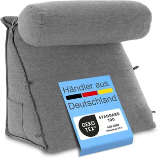 Eloneo Rückenkissen mit Nackenrolle für Bett & Sofa, 55x50x30cm, waschbarer Bezug Kissen 1 St hellgrau