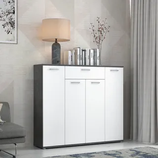 Forte ANTUZA Sideboard 140, modernes Sideboard, 4-türig, 1 Schublade, Holzwerkstoff, Wohn-/Esszimmer, Weiß mit Betonoptik, 139,3 cm breit x 120,7 cm hoch x 34,1 cm tief