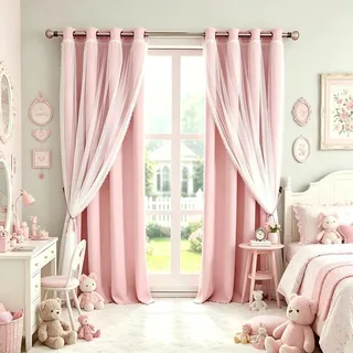 SOFJAGETQ Verdunkelungsvorhänge, 213,4 cm Länge, doppellagig, Prinzessinnen-Mädchen-Vorhänge und Vorhänge, Paneele für Kinderzimmer, Wohnzimmer, Kinderzimmer, rosa Spitzensaum,