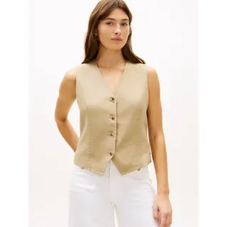 Anzugweste TOMMY HILFIGER "NEW ESS LINEN VEST", Damen, Gr. 46, beige, Web, Obermaterial: 76% Leinen, 24% Lyocell, unifarben, regular fit normal, V-Ausschnitt, Westen Anzugweste, mit Logo-Stickerei