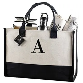 Mud Pie Klassische schwarze und weiße Leinen-Tragetaschen (A), 100% Baumwolle, 43,2 x 48,3 x 5,1 cm