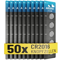 ABSINA CR2016 Knopfzelle 50er Pack - CR 2016 Knopfzelle 3V auslaufsicher & lange Haltbarkeit - Batterie CR2016 für Autoschlüssel, Küchenwaage uvm - 2016 Lithium Knopfzelle 3V, Knopfbatterie CR2016