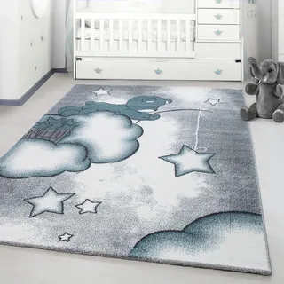 Kinderteppich AYYILDIZ TEPPICHE "Kids 580, auch in rund erhältlich" Gr. 4, blau, B:160cm H:12mm L:230cm, Kunstfaser, Teppiche, Kinderteppich, auch in rund, Teddybär, Sterne Design, Kurzflor