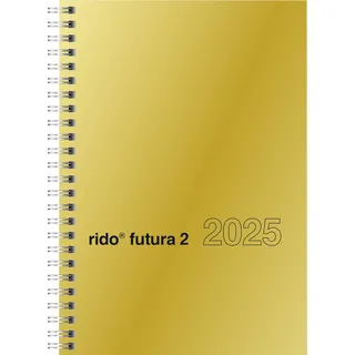 rido/idé Buchkalender Modell futura 2 (2025), 2 Seiten = 1 Woche, A5, 160 Seiten, Glanzkarton-Einband, goldfarben