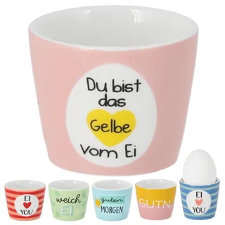 Cepewa Eierbecher 6er Set 6 Motive | Steingut bunt 5x4cm | Geschirr Becher für Eier | Gute Laune Sprüche | Eierhalter für Frühstückstisch Geschenkidee