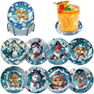 Lxmsja 8 STK Diamond Painting Untersetzer Weihnachten mit Halter, Diamant Painting Bilder Erwachsene Kinder, Tier Diamant Tassenuntersetzer mit Kork, Kreativ Set für Weihnachten Deko