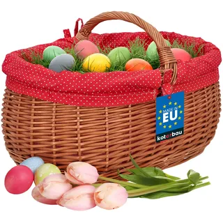 KOTARBAU® Weidenkorb mit Henkel 47x31x32 cm, Einkaufskorb geflochten Weide | Picknickkorb mit Stoffeinlage in Rot, Korb mit Henkel, Pilzkorb, Erntekorb, Natürlich & Lebensmittelecht, Braun