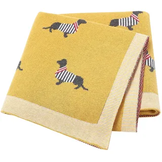 LAWKUL Babydecke 100% Baumwolle Weich Gestrickt Babydecken für Neugeborene Jungen Mädchen Dackel Wursthund 100x80cm Gelb