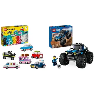 LEGO Classic Kreative Fahrzeuge, Bausteine-Set für Bunte Modellautos inkl. LKW & City Blauer Monstertruck, Offroad-Auto-Spielzeug, Fahrzeug-Set
