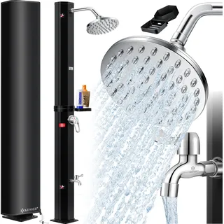 KESSER® Solardusche 40- 60 Liter Solar Gartendusche | warmes Wasser | max. 60°C | Inkl. Metall-Duschablage & Schutzhaube | Pooldusche Camping| Regenduschkopf und Wasserhahn Gartenschlauch-Anschluss - Schwarz