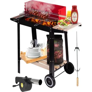Holzkohlegrill Grillwagen GM2000S Mobile mit Regalen Standgrill Gebläse Garten Terrasse BBQ Saison, Rot 80cm Höhe - Rot, Schwarz