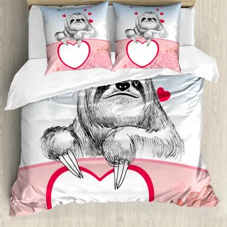 ABAKUHAUS Faultier Bettbezug, Romantisches Sloth in Love, Milbensicher Allergiker geeignet mit Kissenbezügen, 155 cm x 220 cm - 80 x 80 cm, Rosa Hellblau Schwarz