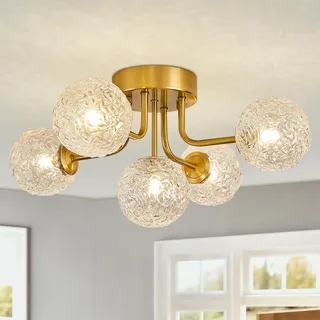 JUJUQI Moderne Sputnik Deckenleuchte mit 5 Transparente Glaskugel Gold Deckenlampe, Vintage Kronleuchter, halb eingebaute Pendelleuchte für Wohnzimmer Schlafzimmer Küche und Esszimmer