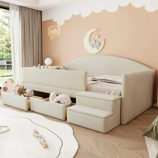 Flieks Polsterbett 90x190cm mit 2 Schubladen, Kinderbett Schlafsofa mit Treppe, Kinder Hochbett mit Rausfallschutz, Samt, Beige - Beige