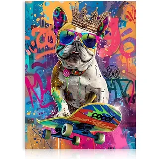 Dazzlewall Lustiger Hund Graffiti Bild, Funky Hund auf Skateboard Buntes Tierbild Druck für Schlafzimmer Zimmer Deko 12x16 Zoll Ungerahmt