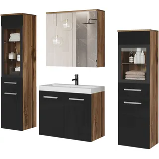 Badmöbel-Set WELLTIME "MADRIT II, Schrank mit Waschbecken, 2 Hänger, Spiegelschrank", schwarz (eiche wotan, schwarz hochglanz), B:120,4cm H:131,5cm T:34,5cm, Holzwerkstoff, Kastenmöbel-Sets, Badmöbel-Set, Hängende Badmöbel mit Glaseinsätzen – in vielen Farben erhältlich