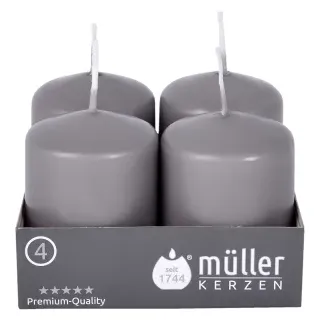 Müller Kerzen Stumpenkerze, schiefer, Hochwertige Stumpenkerze mit gleichmäßigem Abbrand, 1 Packung = 4 Stück, (Ø x H): 48 x 62 mm
