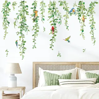 wondever Wandtattoo Hängende Rebe Wandsticker Blätter Grün Pflanze Vögel | Abziehen und Aufkleben, Abziehbar, Wandaufkleber Selbstklebend für Schlafzimmer Wohnzimmer Flur Sofa Hintergrund Wanddeko