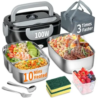 Elektrische Lunchbox 100W, 3-in-1 tragbare beheizte Lunchbox, Herausnehmbare Edelstahl-Brotdose, 12V/24V/220V Isolierte Wärmebox für Auto/Lkw/Büro, Mit isolierter Tasche und Schwamm (Blau, 1.5 L)