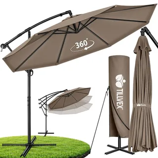 tillvex Sonnenschirm Cappuccino Ø 350 cm Gartenschirm Marktschirm Kurbel Balkon Alu Neigbar - Hellbraun