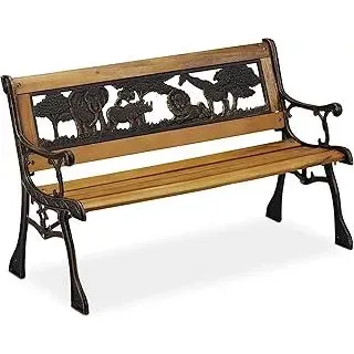 Kinder Gartenbank, Afrika Tier-Motiv, 50 kg Traglast, Holz, Gusseisen, HBT: 51 x 83 x 37 cm, Kinderbank, Natur