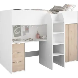 Kombiniertes Hochbett für Kinder - Nachbildung Weiß und Eiche - Lattenrost inklusive - 90x200 cm - TOM - Weiß, Braun