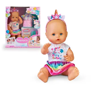 NENUCO Babypuppe mit Einhorn-Zubehör für Geburtstagsfeiern, inkl. personalisierbarer Torte mit Knetmasse, Kerzen, Zeichnungen und Aufklebern, für Kinder ab 3 Jahren, Famosa (NFN77000)