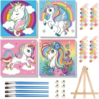 4 Stück Malen nach Zahlen Kinder mit Rahmen - Einhorn Malen nach Zahlen Kinder ab 4 5 7 Jahre Mädchen, Einhörnern Painting by Numbers DIY Handgemalt Ülgemalde für Geschenk 20x20 cm (mit Holzstaffelei)