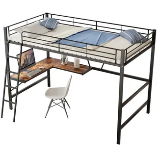 Okwish Hochbett 90/200 cm schwarz mit L-förmigem Schreibtisch und Regal , Schwarz , Metall , 90x200 cm , Babymöbel & Kindermöbel, Kinderzimmer & Jugendzimmer, Kinderbetten, Hochbetten