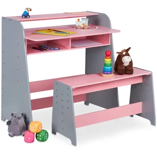 Relaxdays Kindertisch mit Sitzbank, 2 Fächer, höhenverstellbarer Kinderschreibtisch, HxBxT: 88 x 90 x 48 cm, rosa/grau