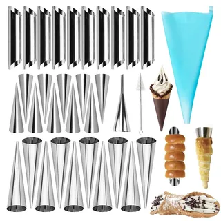 JasCherry 33 Stück Edelstahl Cannoli Form Röhren Set mit Zubehör - 3 Arten von Croissant Konische Spirale Sahnerollen Hörnchen Schillerlockenform - Auch für Croissant Shell #4