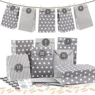 DIY Adventskalender zum Befüllen Grau mit 25 Adventstüten & Zahlen - Weihnachtskalender Selber Basteln - Grau