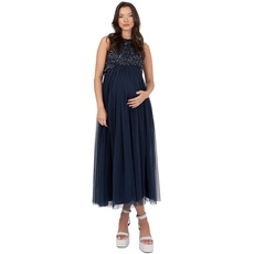 Maya Deluxe Women's Womens Ladies Maternity for Pregnant Wedding Guest Midaxi Sleeveless Sequin Embellished Tulle Crew Neck Bridesmaid Dress, Navy Blue, 42