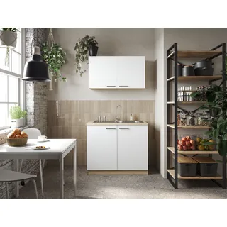 Respekta Küchenzeile 100 cm Weiß/Eiche